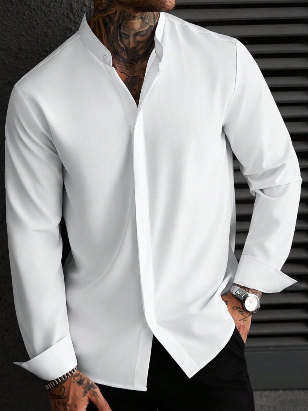 White Casual Men's Long Sleeve Shirt Stand-Up Collar Button Long Sleeve Shirt